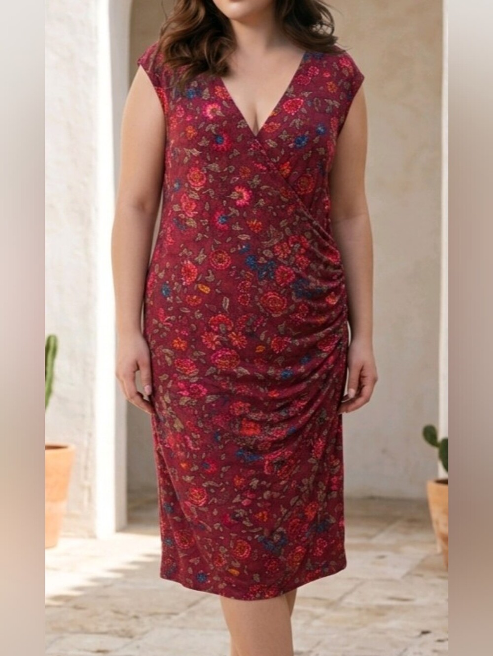Ralph Lauren Burgundy Floral Faux Wrap Midi Dress Size XL